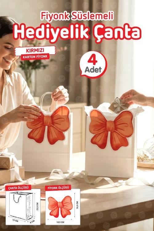 Burgu Saplı Karton Kurdeleli Çanta 4 adet Hediye Paketi Çanta Poşet (Kırmızı)doğum günü, düğün, bebek partisi-T1540