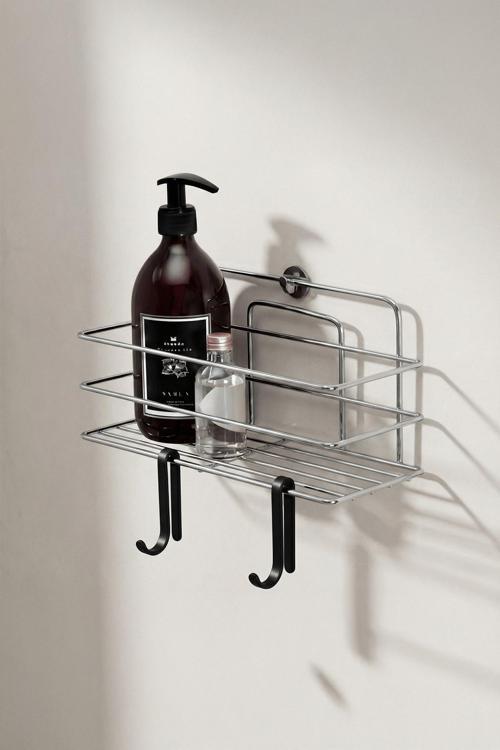 Tekli Krom Yapışkanlı Banyo Rafı + 2’li Askı Kanca Seti – Paslanmaz Metal Duş Şampuanlık (Yapıştır/V