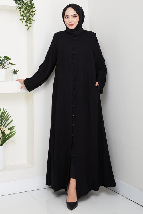 Kolu Pensli Düğmeli Ferace Siyah HM2861