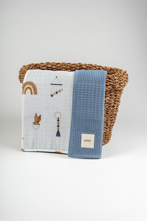 90X90 Indigo Waffle Pike Ve Müslin Desenli Çift Yönlü Çok Amaçlı Örtü & Battaniye