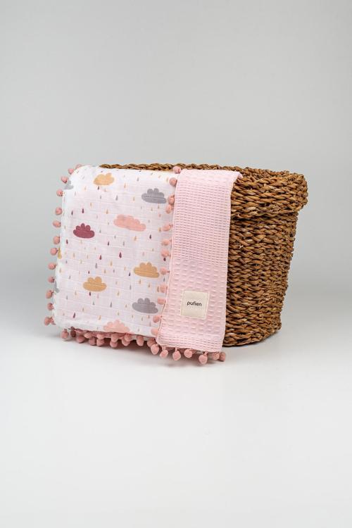 90 X 90 Ponponlu Desenli Çift Yönlü Müslin Bebek Örtüsü, Çok Amaçlı Waffle Müslin Örtü & Battaniye