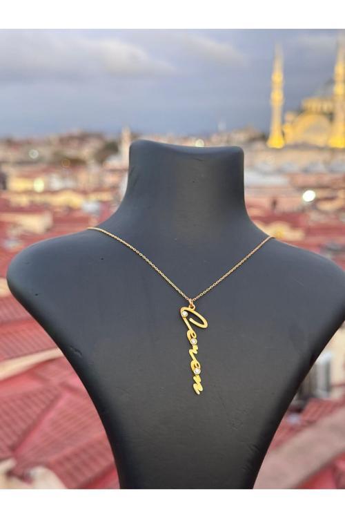 925 Ayar Gümüş Kişiye Özel Taşlı Dikey İsimli Kolye