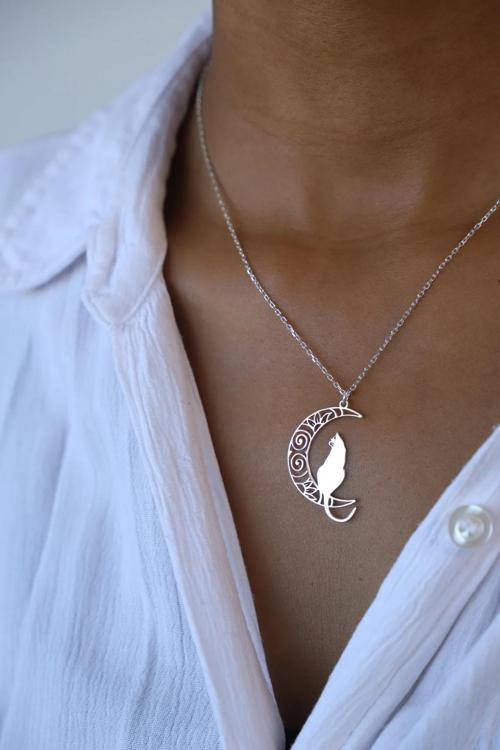 925 Ayar Gümüş Ay Kedi Kolye