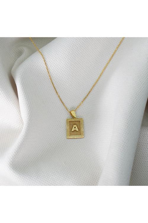 Kadın 925 Ayar Gümüş Altın Kaplama Harfli Çerçeve Model Kolye