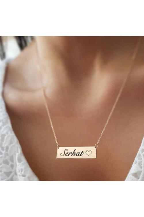 Kadın Yatay Bar Plaka Kalpli Isimli Gümüş Kolye