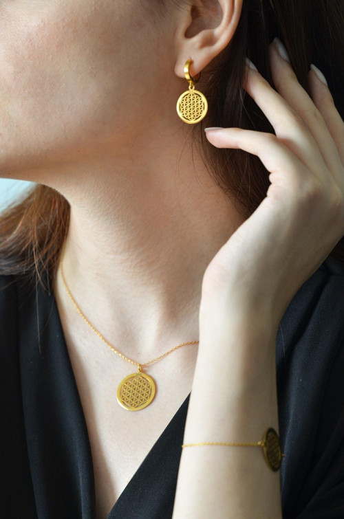 Kadın 925 Ayar Gümüş Altın Yaşam Çiçeği Kolye Küpe Ve Bileklik Seti