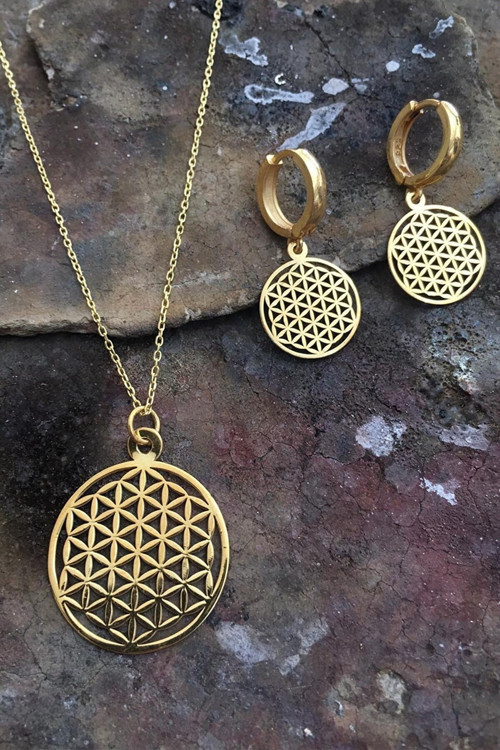 Kadın 925 Ayar Gümüş Altın Kaplama Yaşam Çiçeği Kolye Ve Küpe Seti