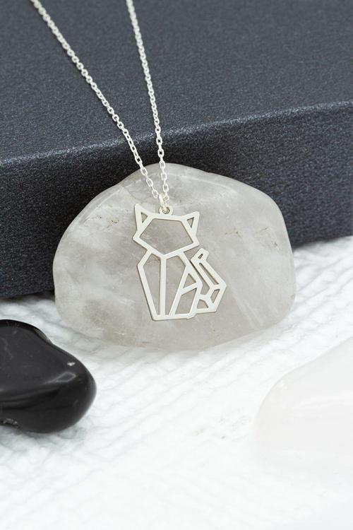 Kadın 925 Ayar Gümüş Origami Kedi Kolye