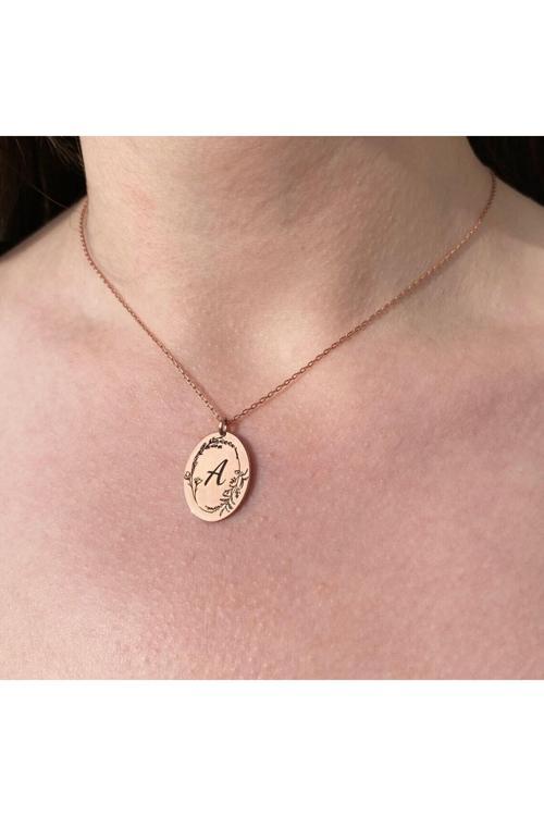 925 Ayar Gümüş Oval Gül Model Baş Harfli Kolye