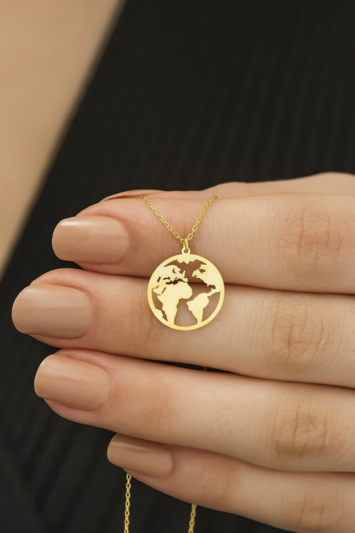 Kadın 925 Ayar Gümüş Dünya Haritası Kolye