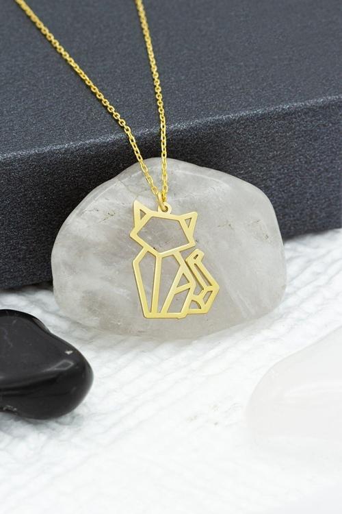 Kadın 925 Ayar Gümüş Origami Kedi Kolye