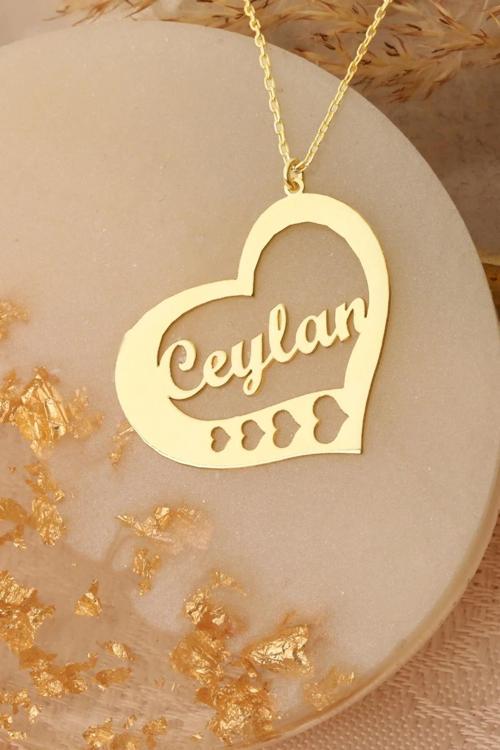 Kadın 925 Ayar Gümüş Kalbin İçinde İsim Yazılı Kolye Gold