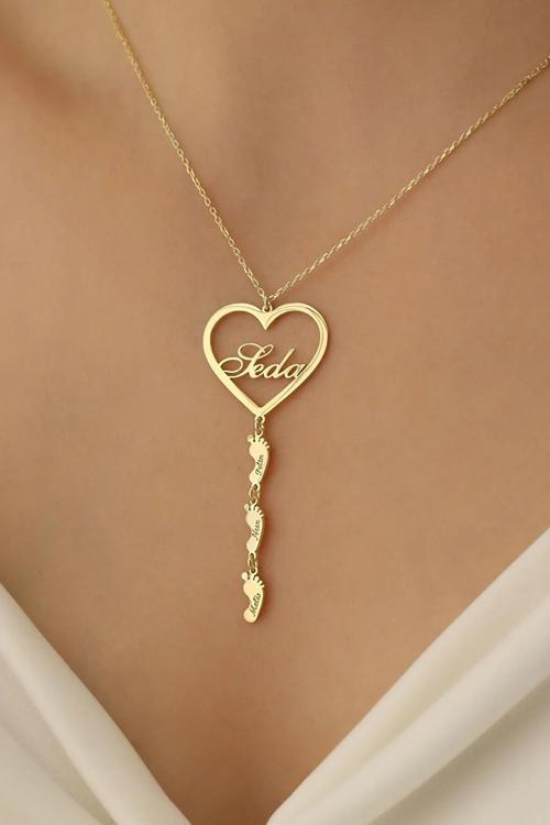 Kadın 925 Ayar Gümüş Kişiye Özel Ayak İzi Detaylı Kalp Gold Kolye