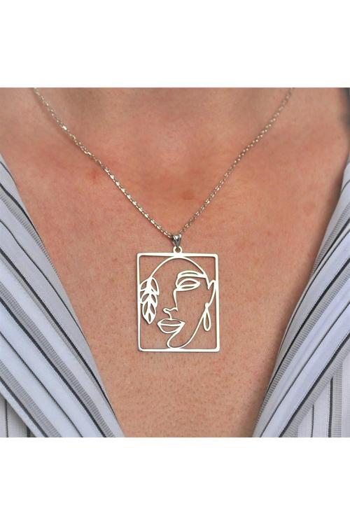 925 Ayar Gümüş Kadın Minimalist Yüz Sanatı Kolye