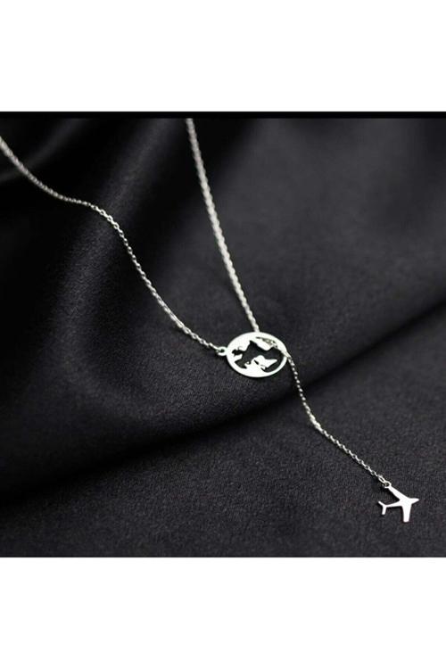 Kadın 925 Ayar Gümüş Dünya Uçak Kolye