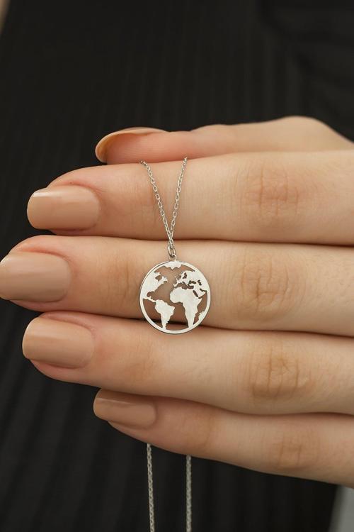 Kadın 925 Ayar Gümüş Dünya Haritası Kolye