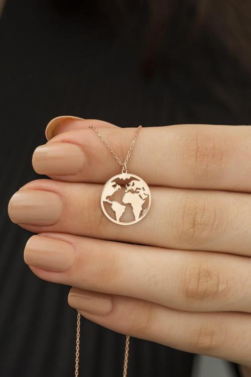 Kadın 925 Ayar Gümüş Dünya Haritası Kolye