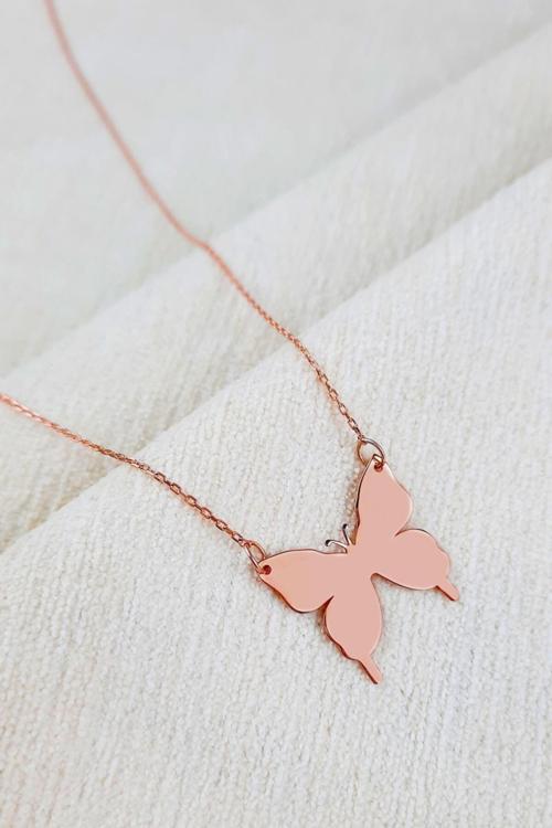 Kadın 925 Ayar Gümüş Rose Kelebek Modeli Kolye