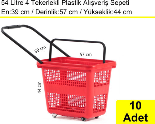 Tekerlekli Plastik Market Alışveriş El Sepeti 54 Litre Kırmızı 10'lu Koli