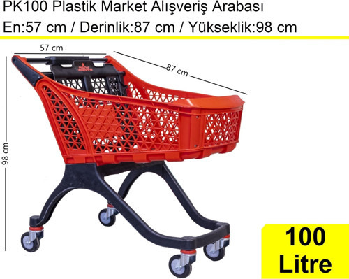 PK100 Plastik Market Alışveriş Arabası 100 Litre Kırmızı