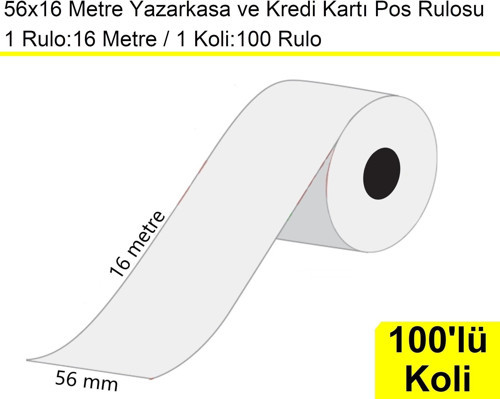 56x16 Metre Termal Kredi Kartı ve Yazarkasa Pos Rulosu 100'lü Koli