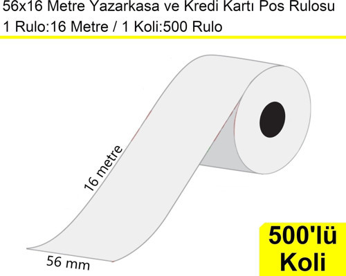 56x16 Metre Termal Kredi Kartı ve Yazarkasa Pos Rulosu 500'lü Koli