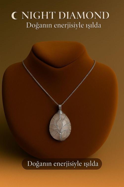 Kadın Kolye Pembe Kuvars Doğal Taş Zincirli Kolye