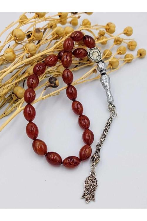 Kahverengi Hareli Bilek Boy Alpaka Püskül Kehribar Tespih