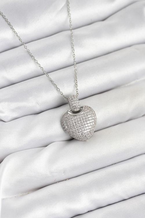 Zincir Gümüş Renk Zirkon Taşlı Kalpli Kadın Kolye - EBJ251025W38294