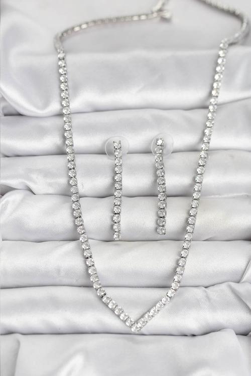 Gümüş Renk Zirkon Taşlı Kadın Kolye Küpe Seti - EBJ251115W38368