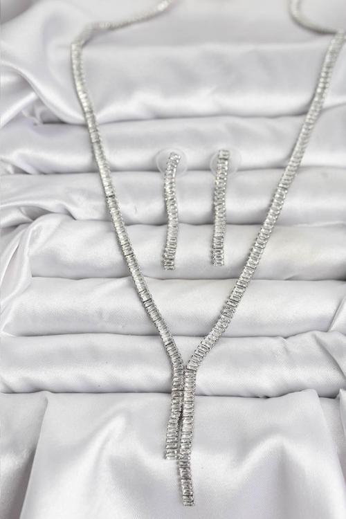Gümüş Renk Baget Zirkon Taşlı Kadın Kolye Küpe Set - EBJ251115W38367