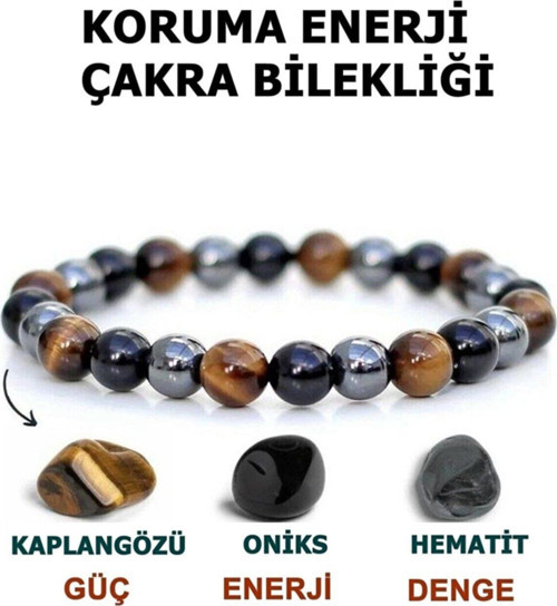 Standart Koruma Enerji Güç Denge Çakra Bilekliği Kaplangözü - Oniks - Hematit Birleşimi Klasik