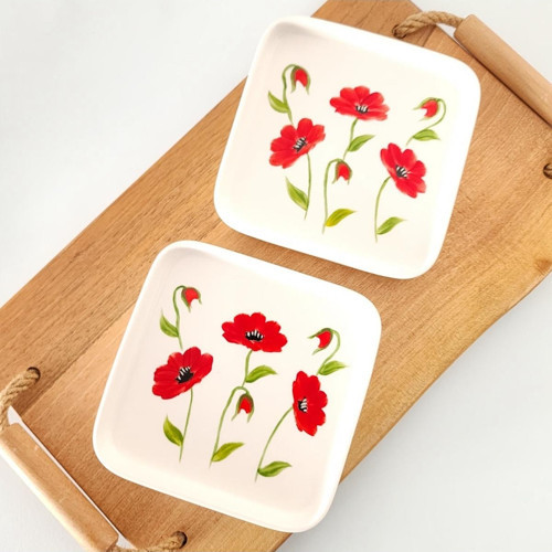Kırmızı Gelincik Desen El Yapımı Kare Mini Sunum Tabağı 2'Li