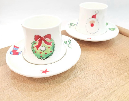 Noel Baba Ve Çelenk Yılbaşı Desen Kahve Fincanı 2'Li Takım