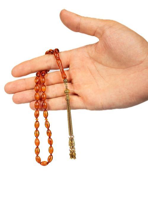 Arpa Tane Sarı Püsküllü Kahverengi Toz Kehribar Tesbih