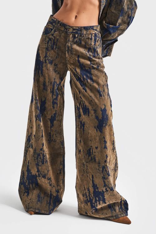 Kadın Kahve Kot Rengi 1w5-15 Palazzo Fit Özel Kumaş Tasarım Denim Jean