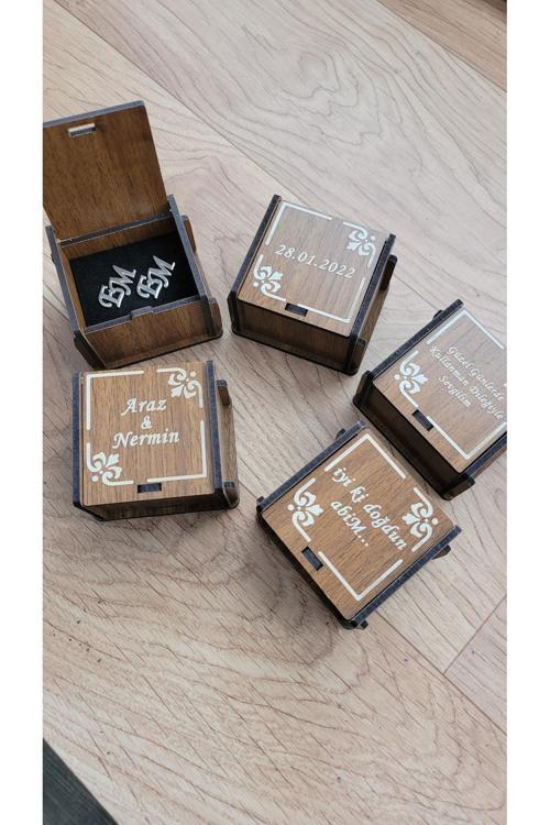 Özel Yazılı Ahşap Kutu Hediye Kutusu Kol Düğmesi/Yaka İğnesi/Alyans Kutusu İstediğiniz Yazılır