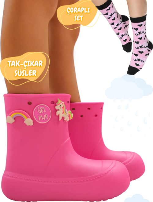 Pembe Kız Yağmur Botu & Pamuklu Çorap Takım