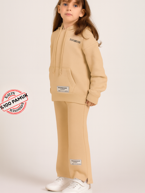 %100 Pamuk Taş Rengi Kız Çocuk Eşofman Takım