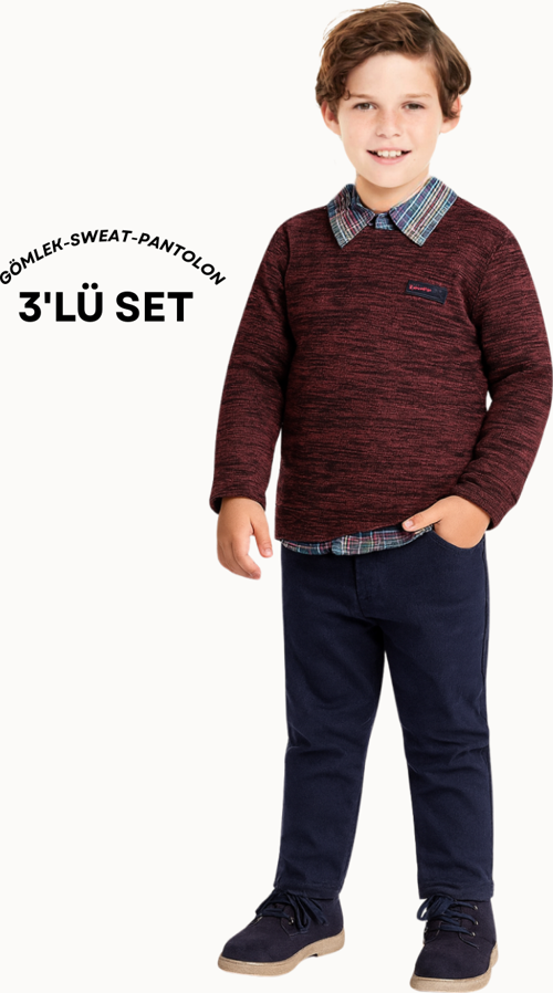 3'lü Set Triko Sweat & Pantolon & Gömlek Erkek Çocuk Takım