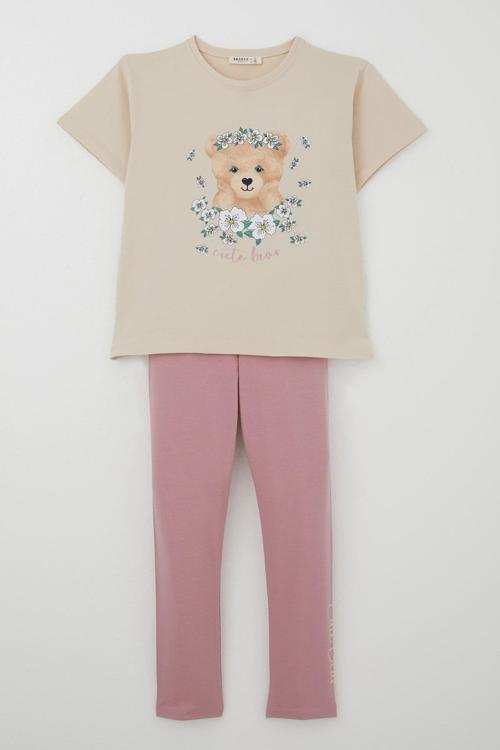Kız Çocuk Tayt Takımı Çiçeklerin Kraliçesi Sevimli Ayıcık Baskılı 5-10 Yaş Bej