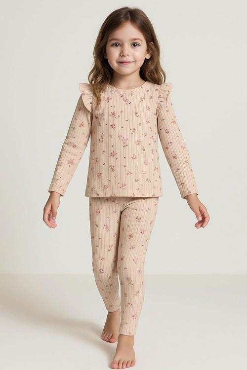 Kız Çocuk Tayt Takımı Çiçek Desenli Omuzu Fırfır Detaylı 2-6 Yaş Pudra