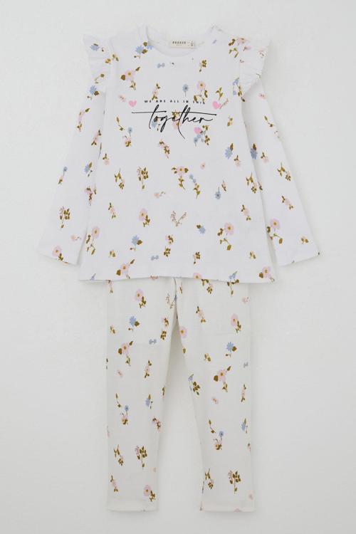 Kız Çocuk Tayt Takımı Renkli Çiçek Desenli Omuzu Fırfırlı 2-6 Yaş Beyaz