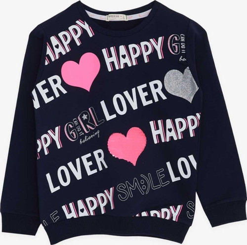 Kız Çocuk Sweatshirt Baskılı Pullu 5-10 Yaş Lacivert