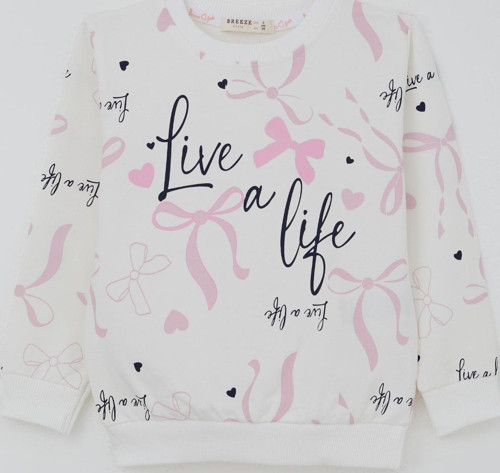 Kız Çocuk Sweatshirt Fiyonk & Kalp Baskılı 3-8 Yaş Ekru