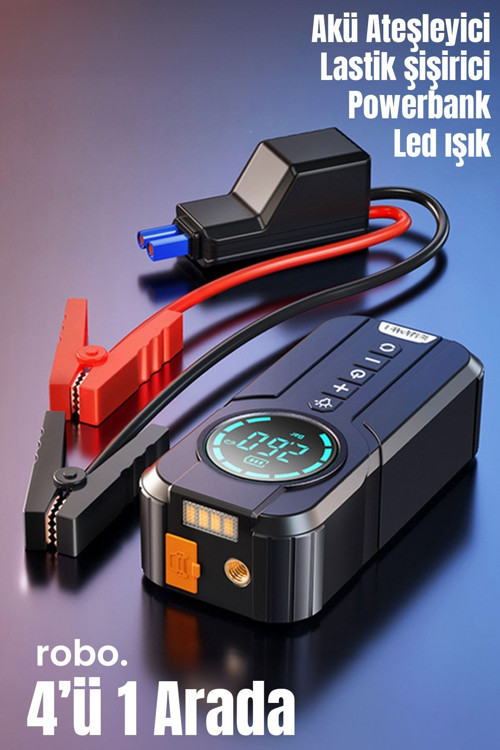4'ü 1 Arada Şarjlı Akü Ateşleyici Lastik Şişirici Powerbank Led Işık 150psi Yüksek Basınçlı