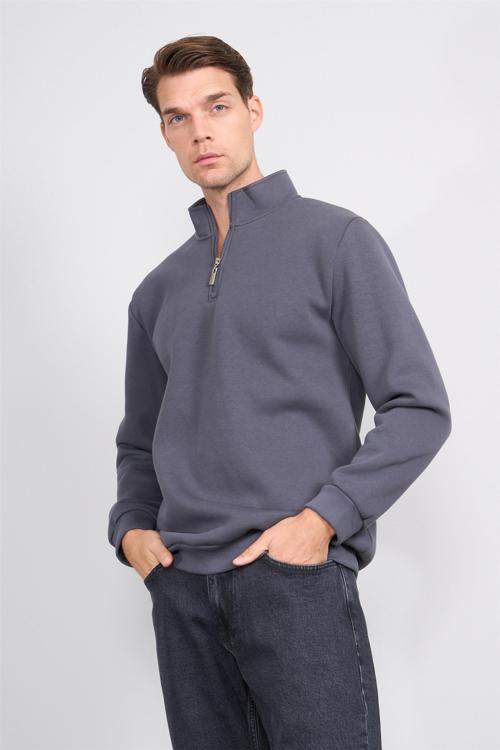Çetinkaya Mentality 3907 3 İp Dik Yaka Düz Koyu Gri Sweatshirt
