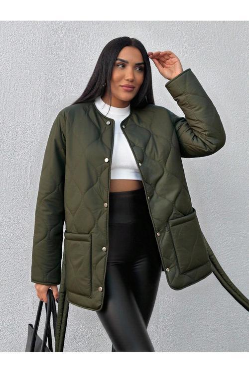 Haki Kuşaklı Kapitone Desenli Kadın Mont