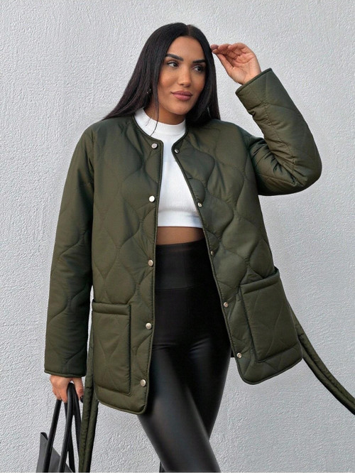 Haki Kuşaklı Kapitone Desenli Kadın Mont