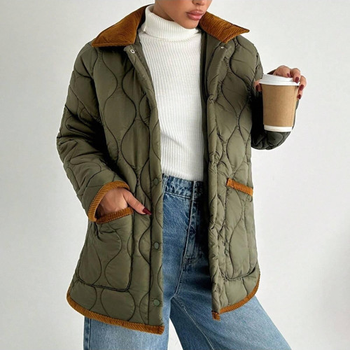 Haki Kadife Detaylı Kapitone Desenli Kadın Mont